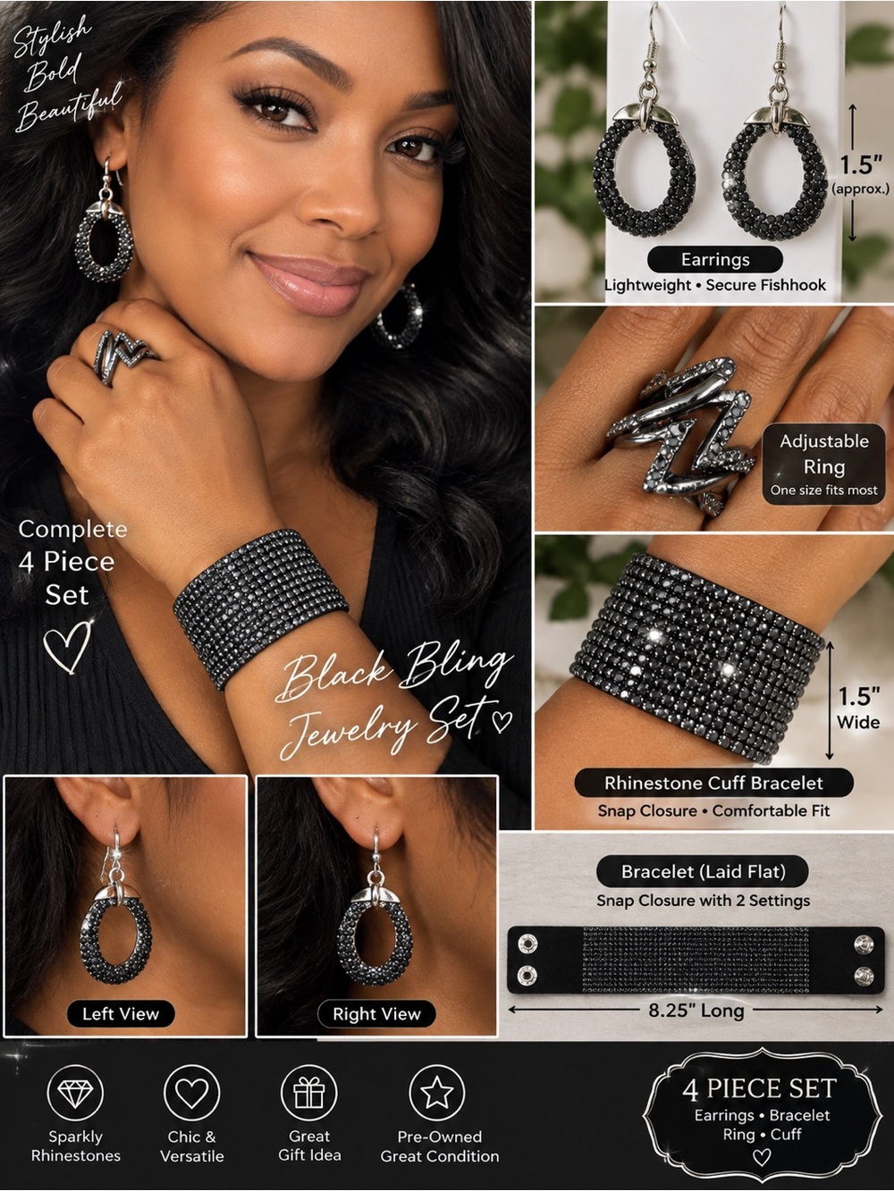 Black Bling Jewelry Set – 4 Piece Women’s Set (Brand: )